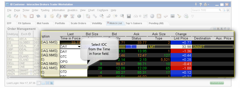 Immediate or Cancel Orders example