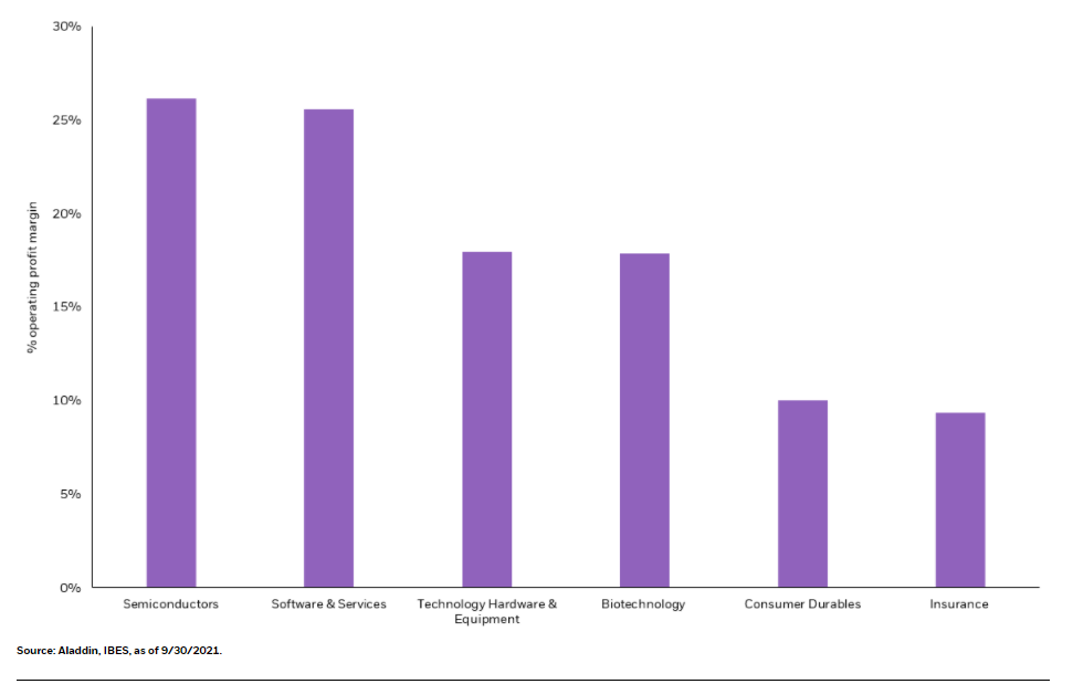 S&P 500 industries with the highest profit margins (less impacted by rising wages / input costs)