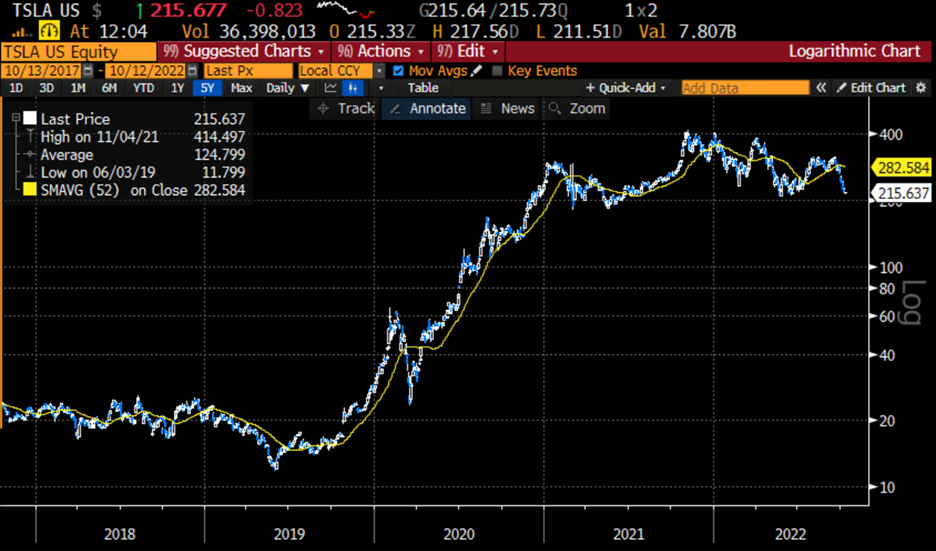TSLA Logarithmic Chart – 5 Years Daily Data with 52 day Moving Average