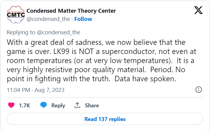 The final blow came last week when the University of Maryland’s Condensed Matter Theory Center (CMTC) tweeted