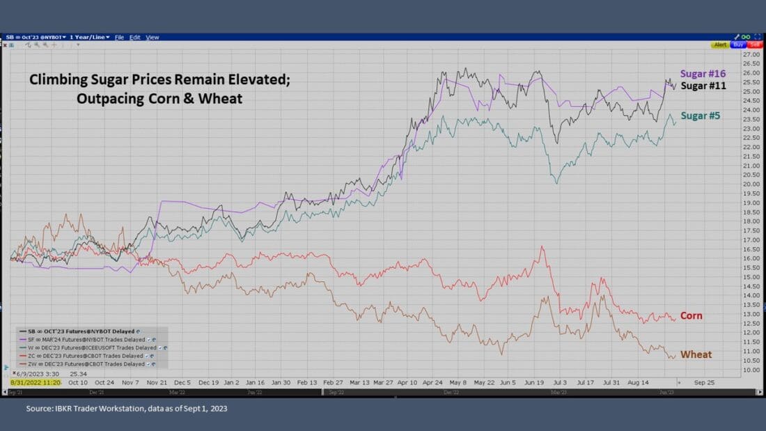 Climbing sugar prices remain elevated; outpacing corn and wheat