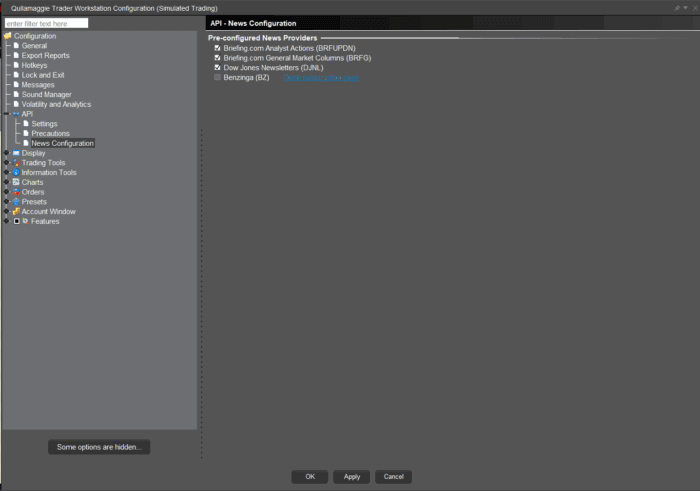 Displays the TWS API News Configuration window.