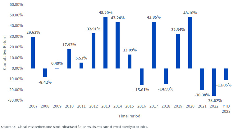 Calendar Year Returns for the S&P Biotechnology Select Industry Index chart as of 11/24/23.