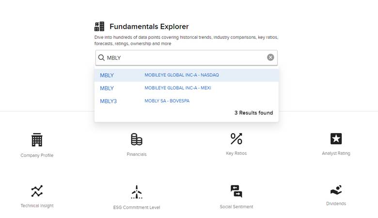 Once on the Fundamental Explore title screen the investor types in the company name or symbol to bring up the Fundamental Explorer Tool page.