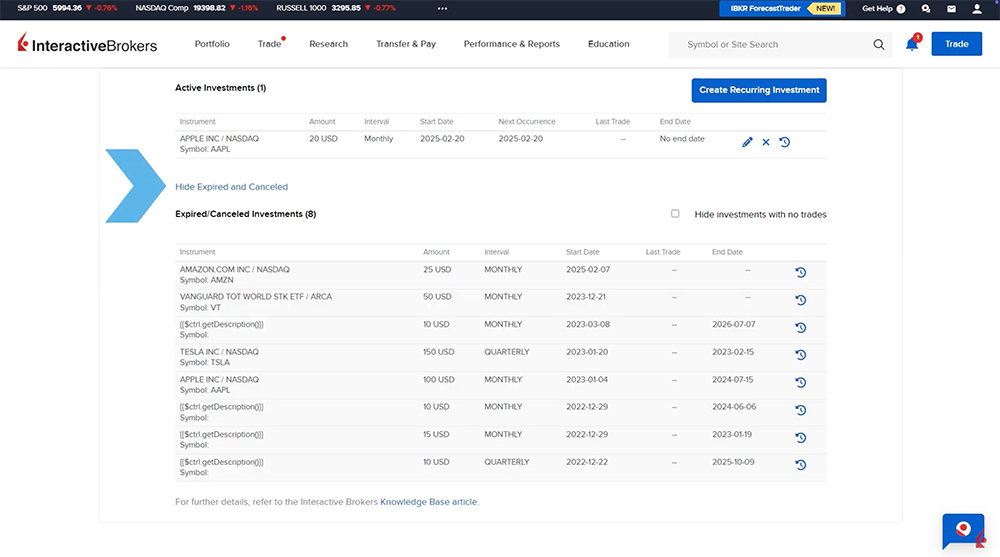 advisor portal view expired and canceled recurring investments