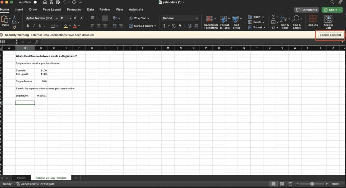 Yahoo Finance Data Access with Excel