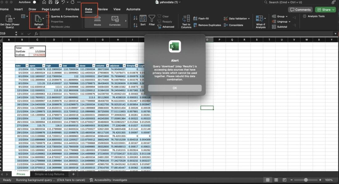 Yahoo Finance Data Access with Excel