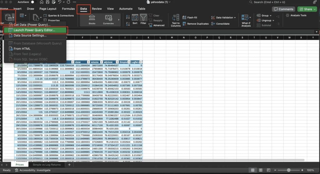 Yahoo Finance Data Access with Excel