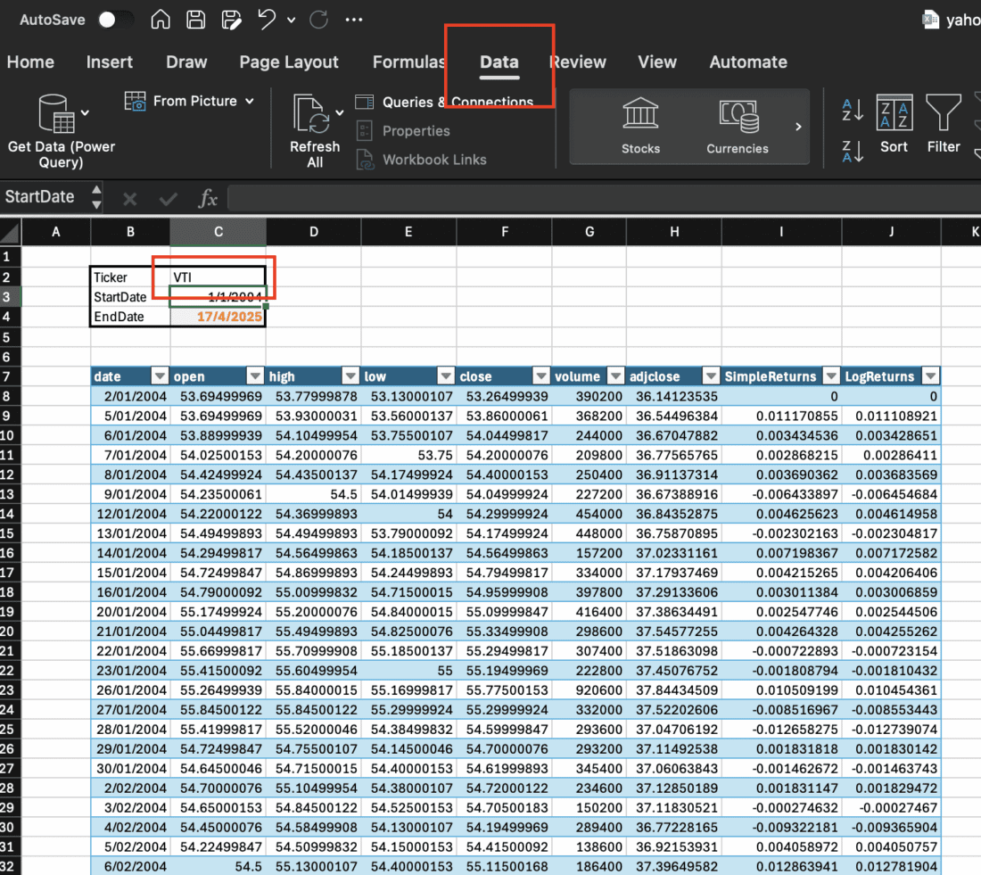 Yahoo Finance Data Access with Excel