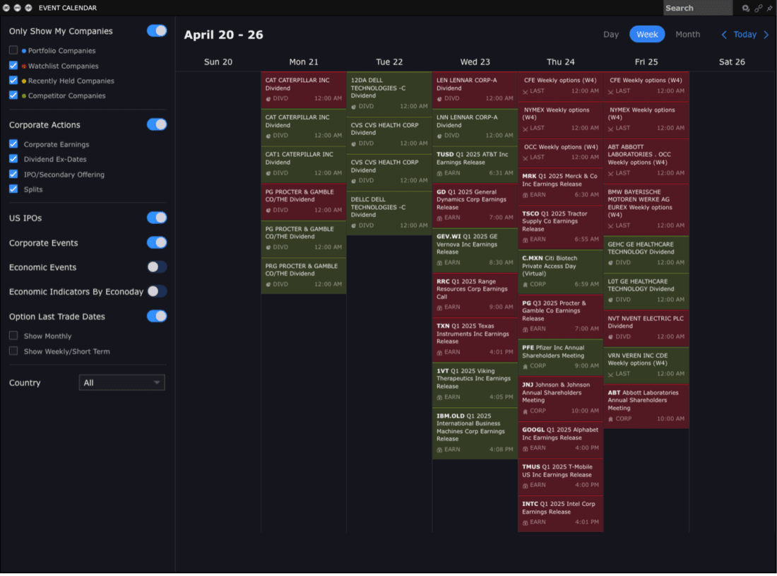 Interactive Brokers event calendar displaying corporate actions, earnings releases, and dividend dates for various companies during the week of April 20–26.