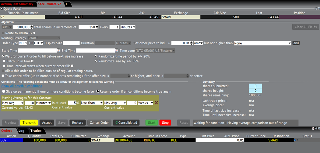 When they are ready to submit the order, the investor clicks on the Transmit button at the bottom of the Accumulate/Distribute tool and the order will be submitted.