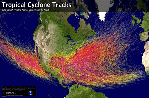 Historical tropical cyclone (tropical storm and hurricane) tracks from 1851-2020. Source: National Hurricane Center