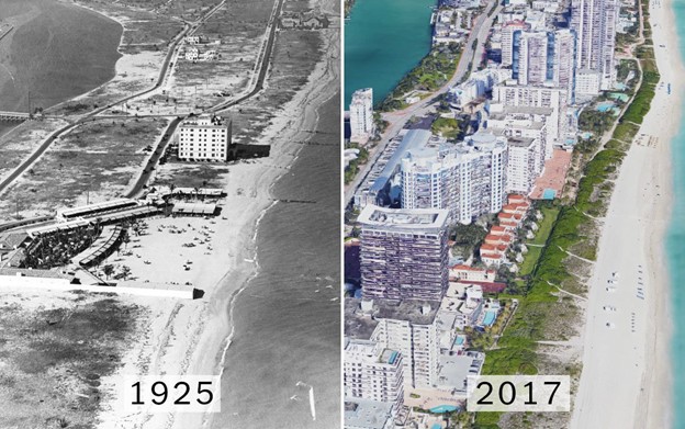 Miami Beach in 1925 and 2017. Source: The New York Times.