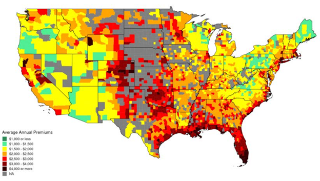 Average annual insurance premiums in the first half of 2023 by US county. Counties with fewer than 20 premium observations are excluded. From Keys and Mulder (2024).