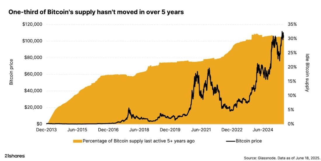 one-third of Bitcoin's supply hasn't moved in over 5 years