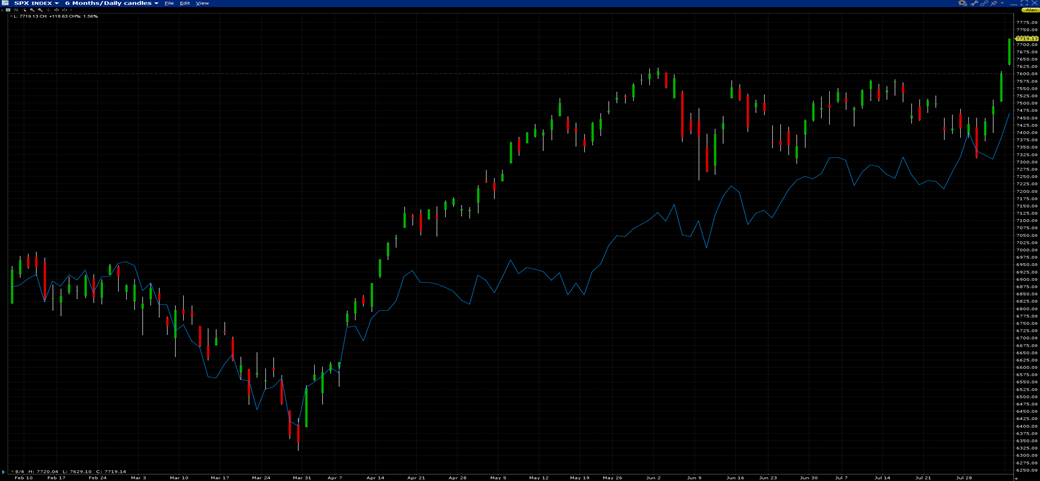 6-Months, SPX (daily candles), SPW (blue line)