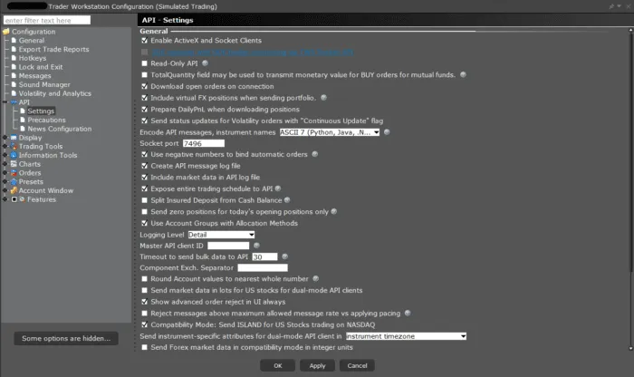 TWS Global Configuration window displaying API Settings and the required API configuration.