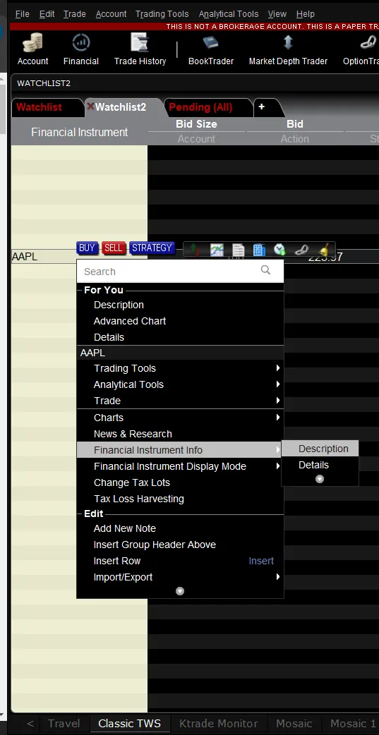 TWS right-click menu showcasing Financial Instrument Info.