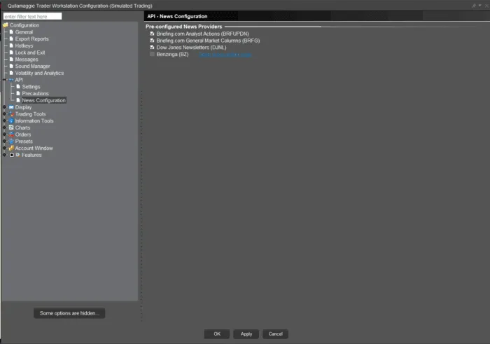 Displays the TWS API News Configuration window.