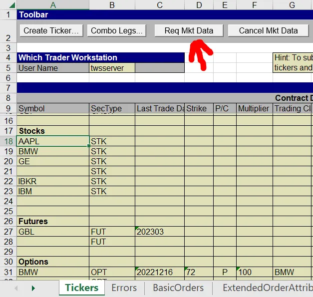 Sample Sheet Highlighting Req Mkt data button.