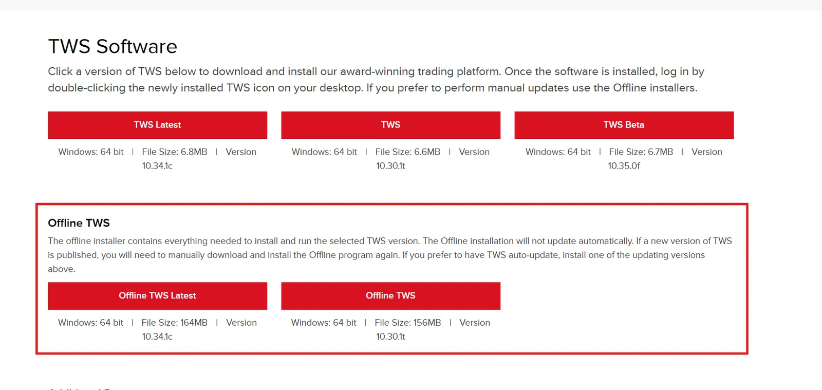 Highlights the Offline TWS versions on the download page.