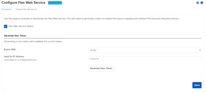 The Token Generation section for the Configure Flex Web Service page.