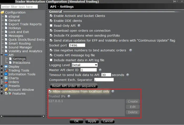 TWS API settings with localhost and trust IP section.