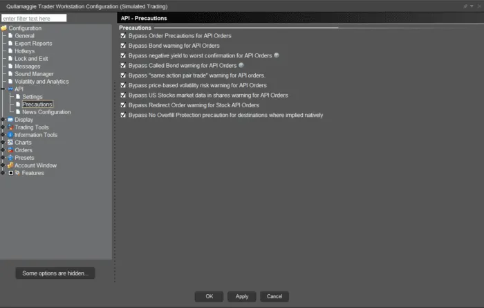 TWS Global Configuration window displaying API Precautions.