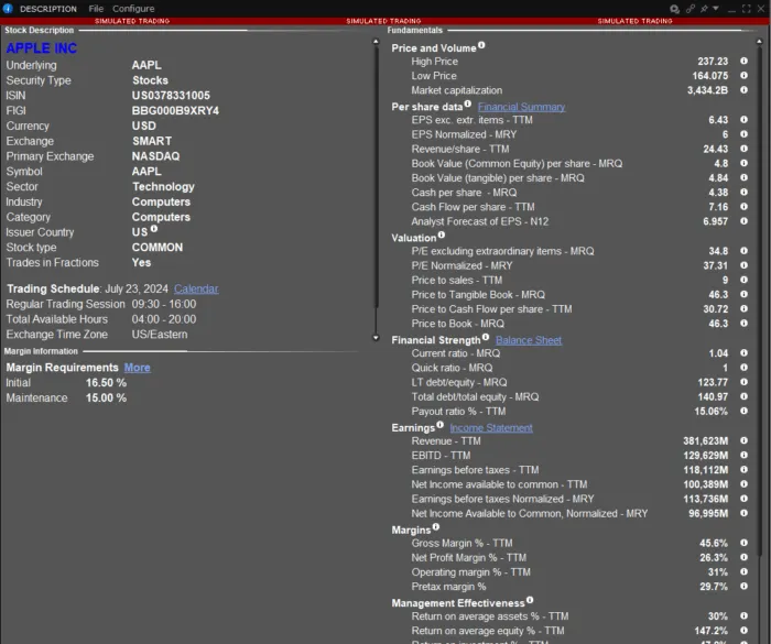 TWS Description window displaying the contract details for AAPL.