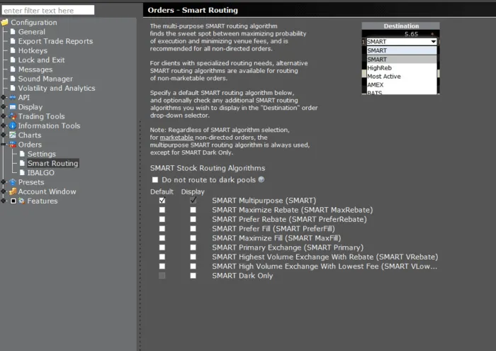 TWS Global Configuration window displaying Smart Routing.