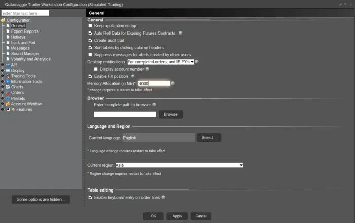 TWS Global Configuration window displaying General Settings and the Memory Allocation section.