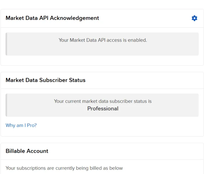 Display the Market Data API Acknowledgement with an Enabled status within Client Portal.