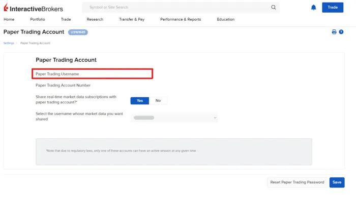 Highlihgt for the Paper Trading Username within the Paper Trading Account settings page.