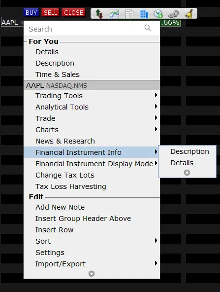 Right click menu containing Financial Instrument Info.
