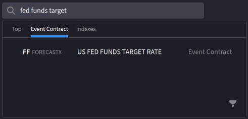 Resultados de búsqueda de un contrato de pronósticos para el objetivo de los fondos federales FF FORECASTX: US FED FUNDS TARGET RATE, contrato de eventos