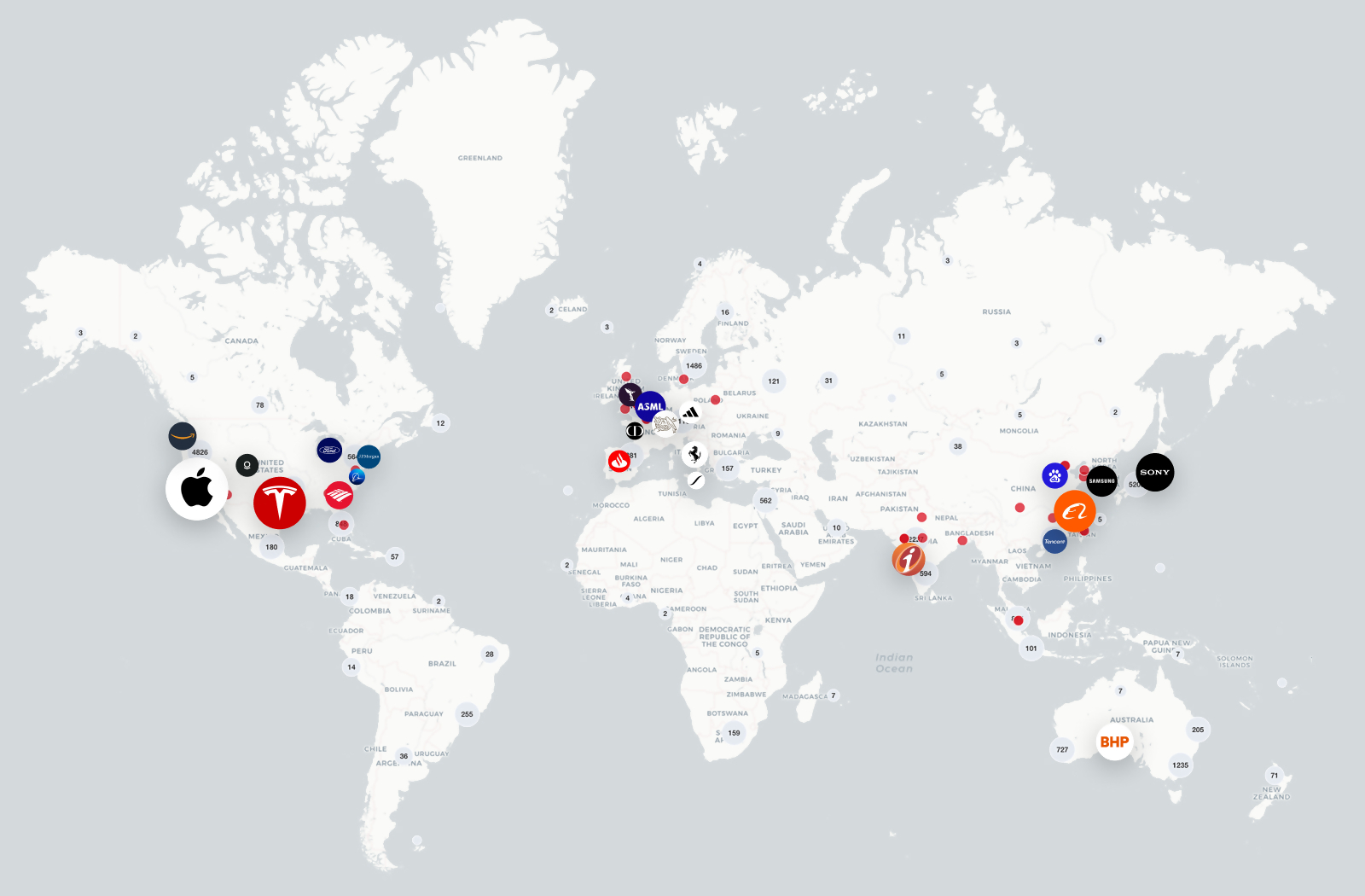 World map showing logos of corporate companies