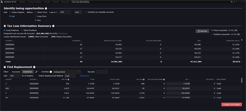 Tax Loss Harvesting Tool Interface for Advisors